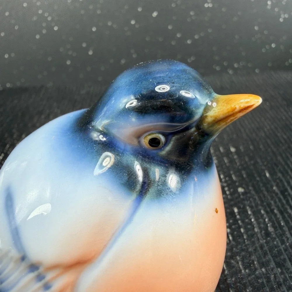 Vintage Chubby Blue Bird Porcelain Figurine Round Glossy Glazed Figure 2.5 inch
